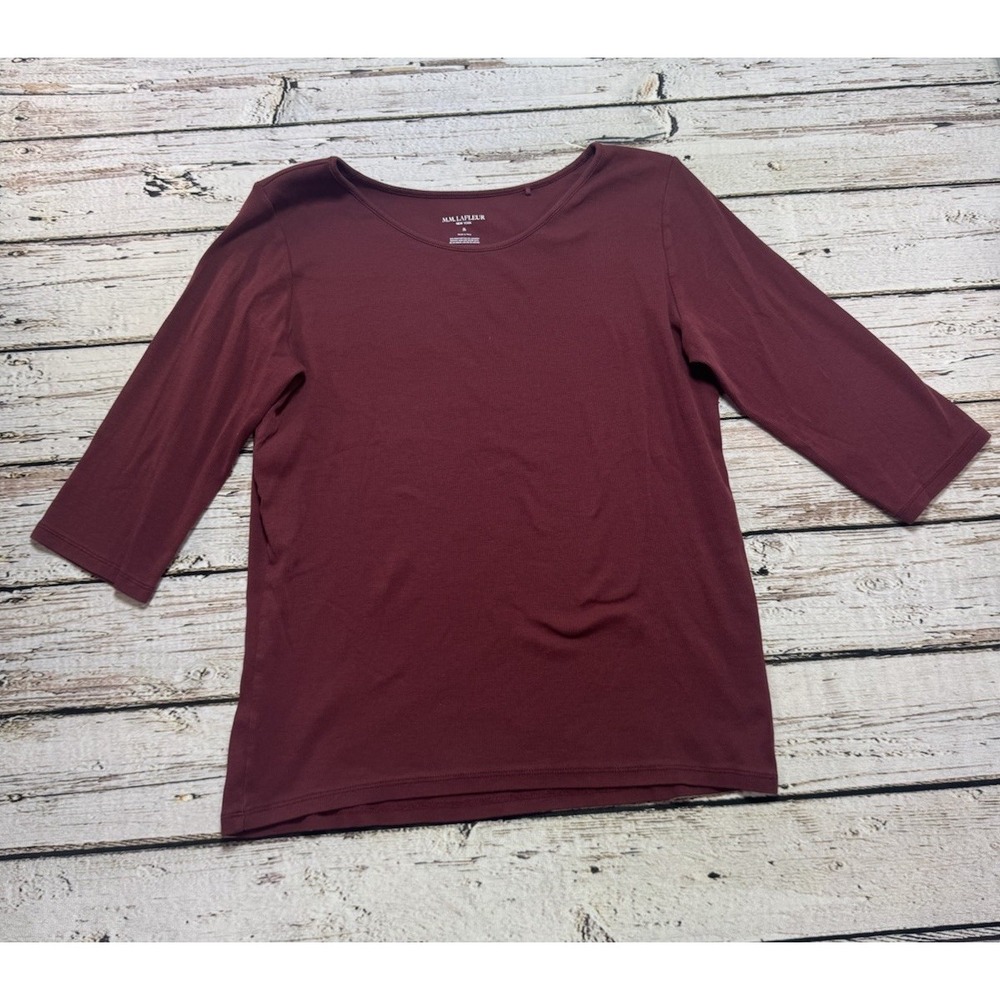 M.M. LaFleur Womens Ribbed 3/4 Sleeve Tee Maroon Basics Soft Cotton Top Shirt XL